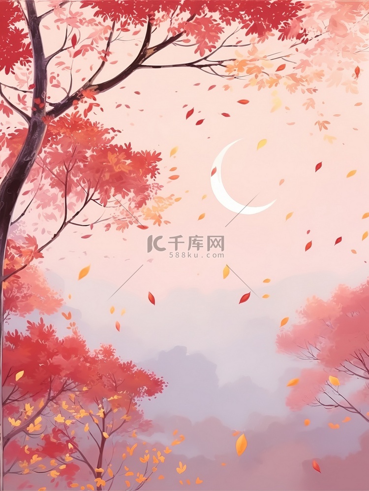 红色树叶秋天的天空插画5