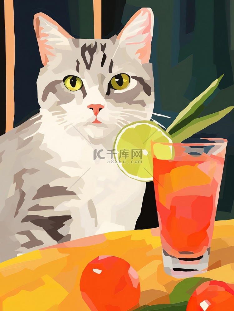 猫与鸡尾酒饮料创意插画13