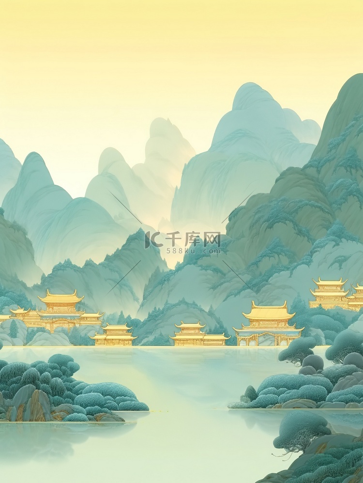 金色的中国建筑淡青色山水插画2