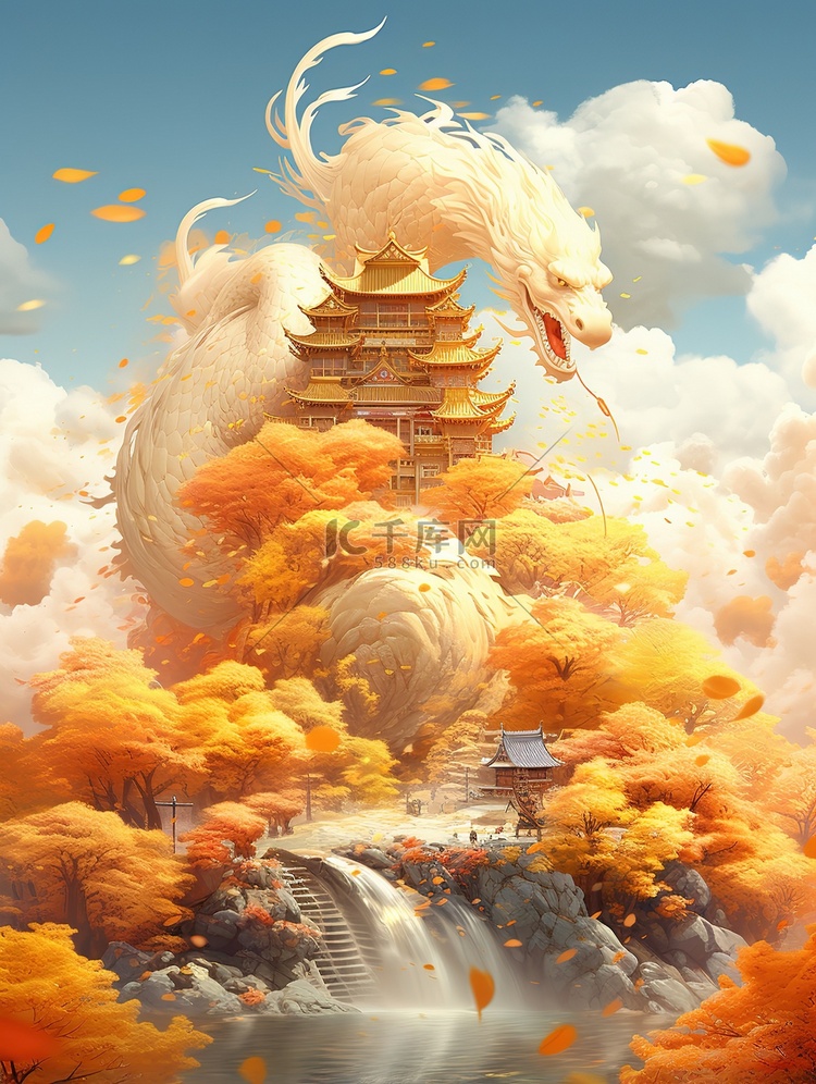 龙生肖古建筑中国风插画3