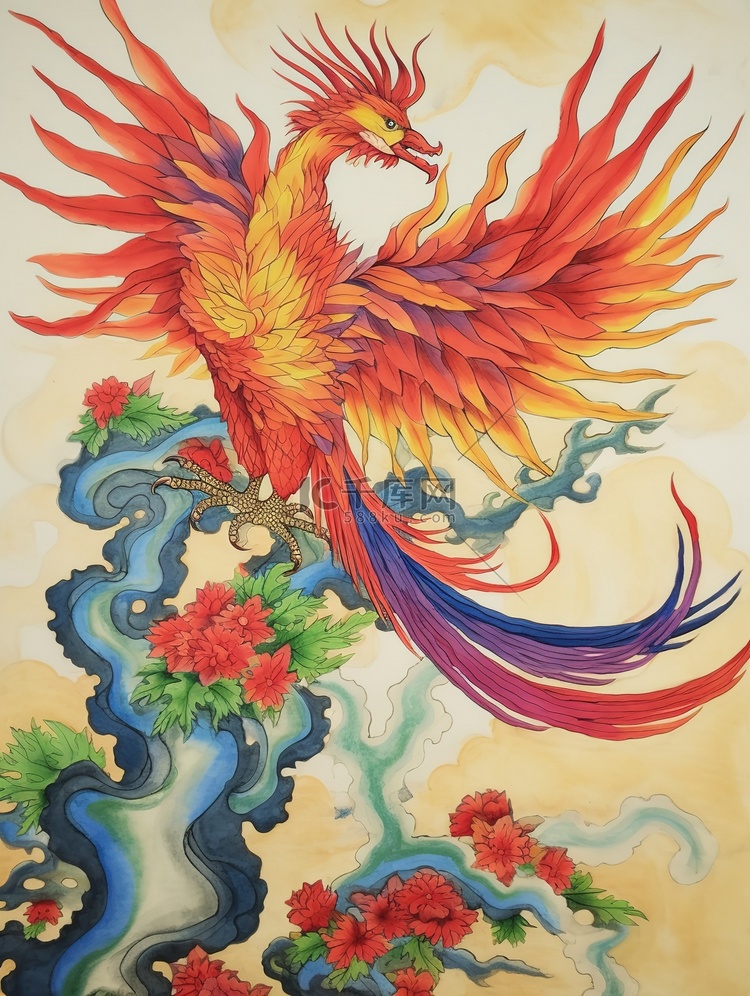 一只飞翔的凤凰祥云五颜六色插画13