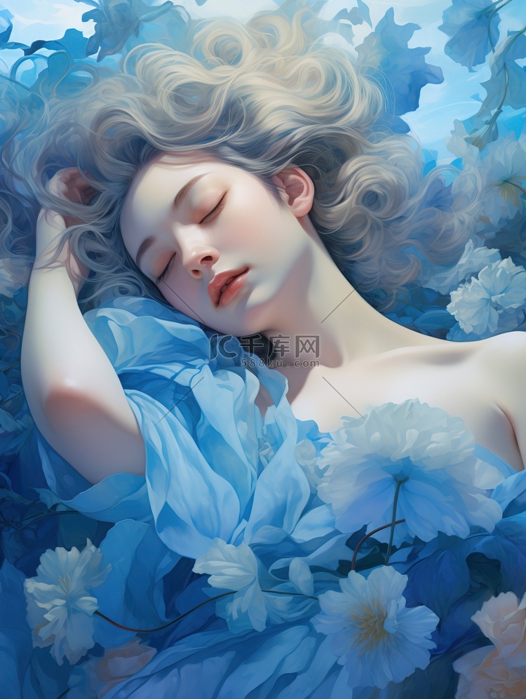 一个蓝色花朵中的睡着女人的插图1