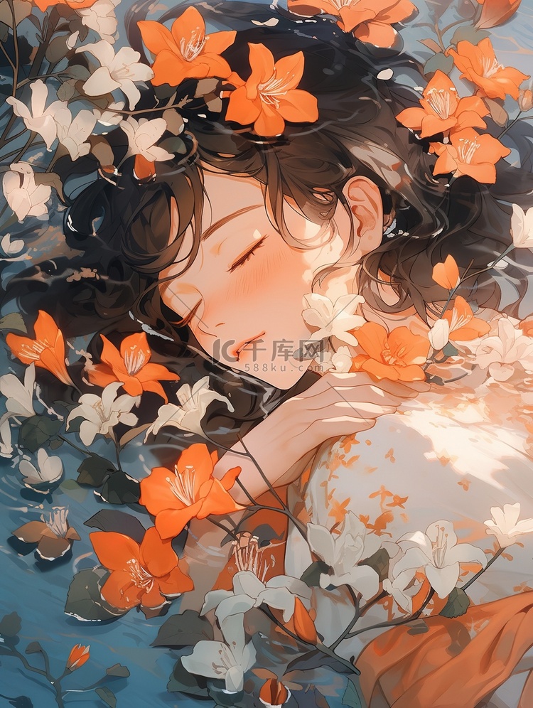年轻女孩睡在花瓣环绕中3