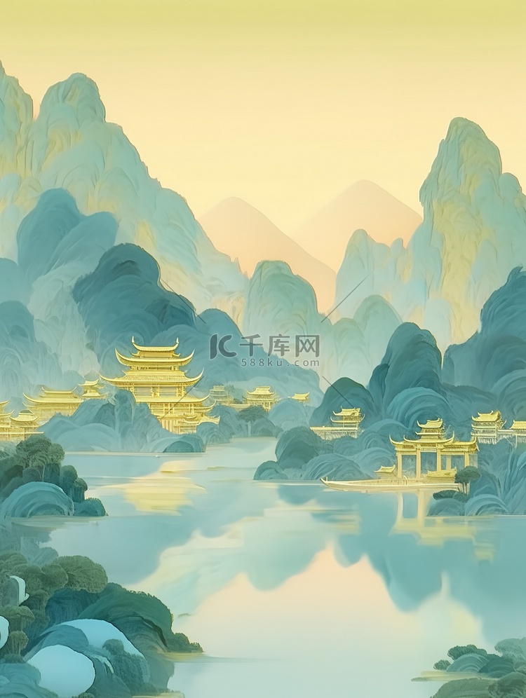 金色的中国建筑淡青色山水插画4