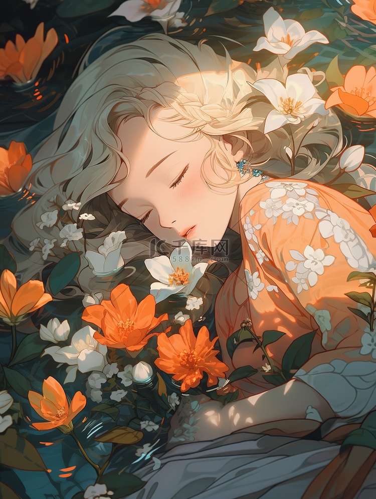 年轻女孩睡在花瓣环绕中1