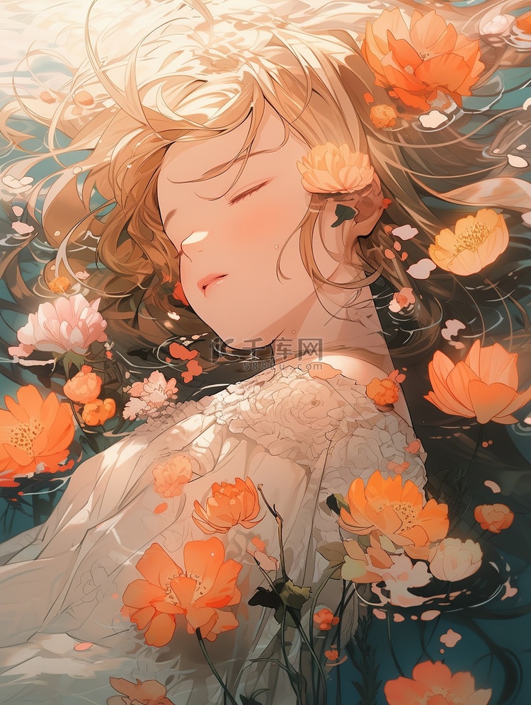 年轻女孩睡在花瓣环绕中6