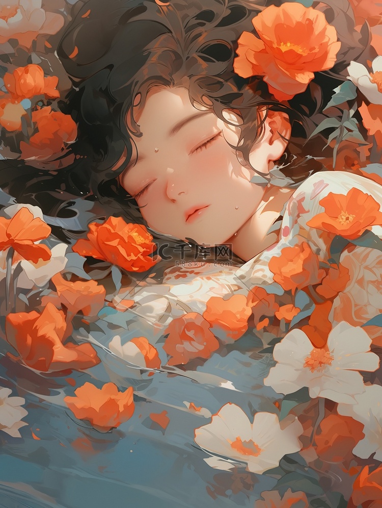年轻女孩睡在花瓣环绕中9