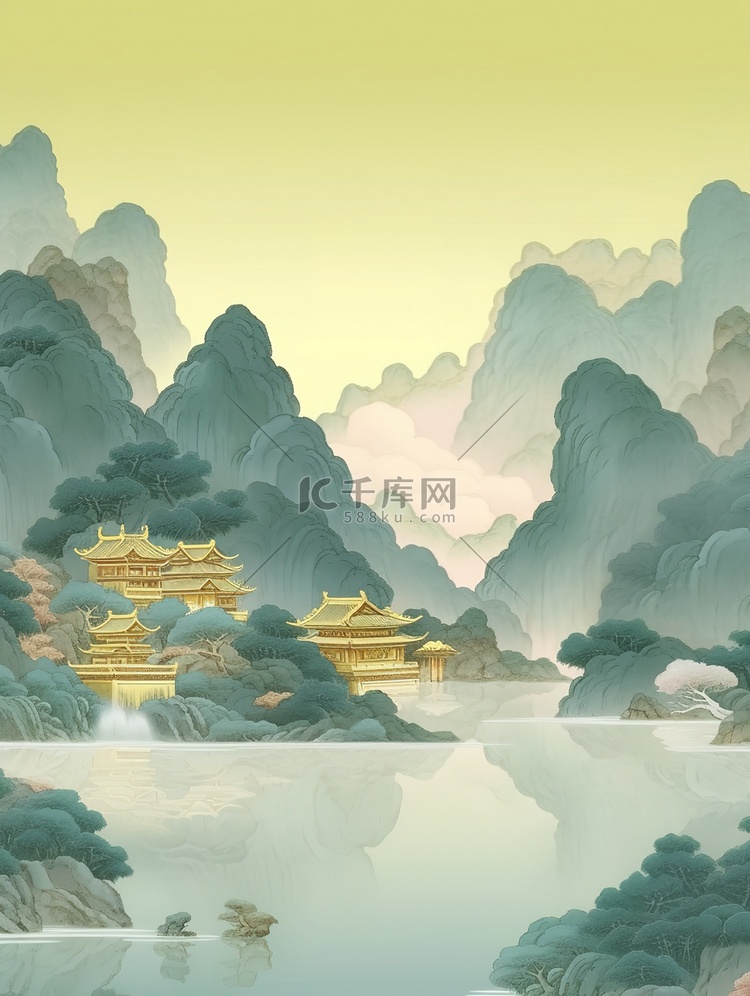 金色的中国建筑淡青色山水插画7