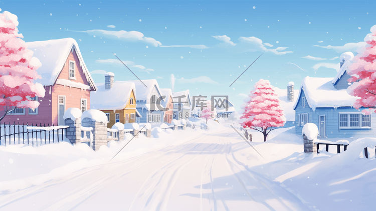 冬季小镇唯美雪景插画图片 千库网
