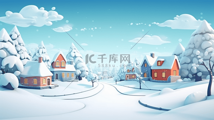 冬季小镇唯美雪景插画图片 千库网