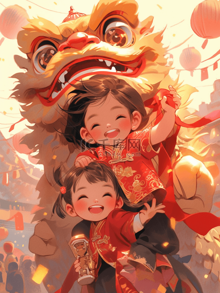 国潮中国风新年舞狮插画图片-千库网