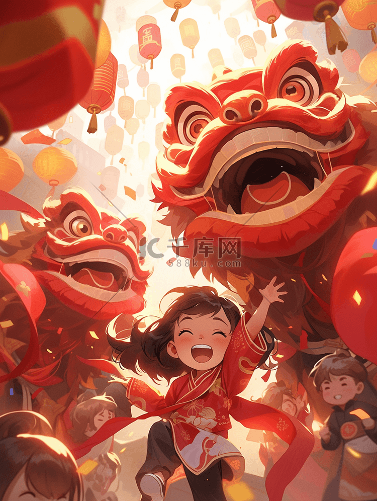 国潮中国风新年舞狮插画图片-千库网