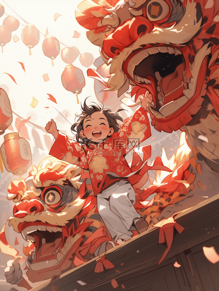 国潮中国风新年舞狮插画图片-千库网