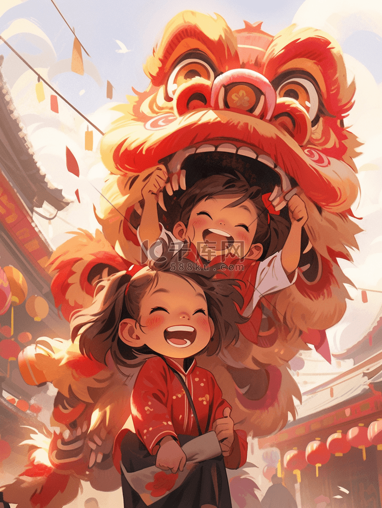 国潮中国风新年舞狮插画图片-千库网