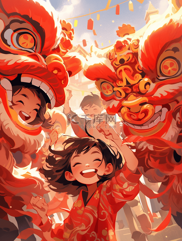 国潮中国风新年舞狮插画图片-千库网
