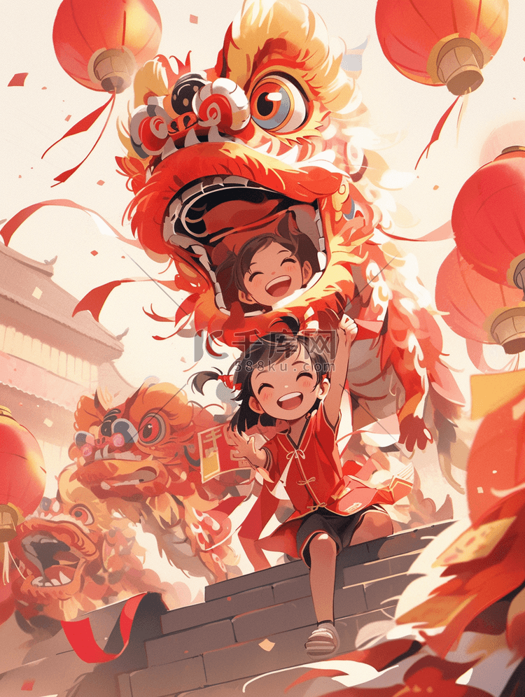 国潮中国风新年舞狮插画图片-千库网