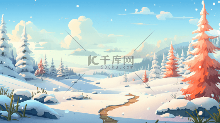 冬季森林雪景自然风景插画34