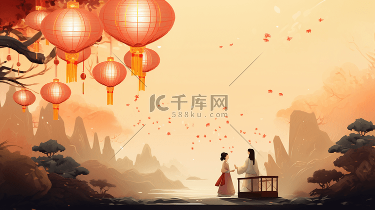 中国风中元节祈福花灯7插画图片 千库网