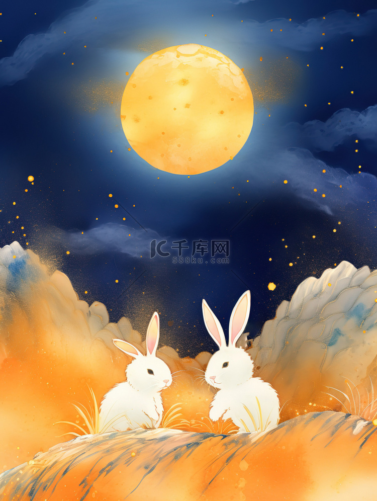 满月下的兔子鎏金山水背景10