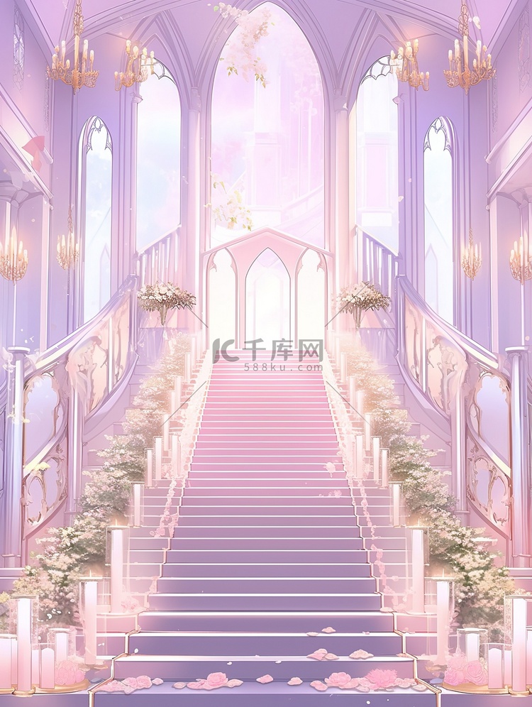 浅紫色浪漫城堡宫殿楼梯插画14