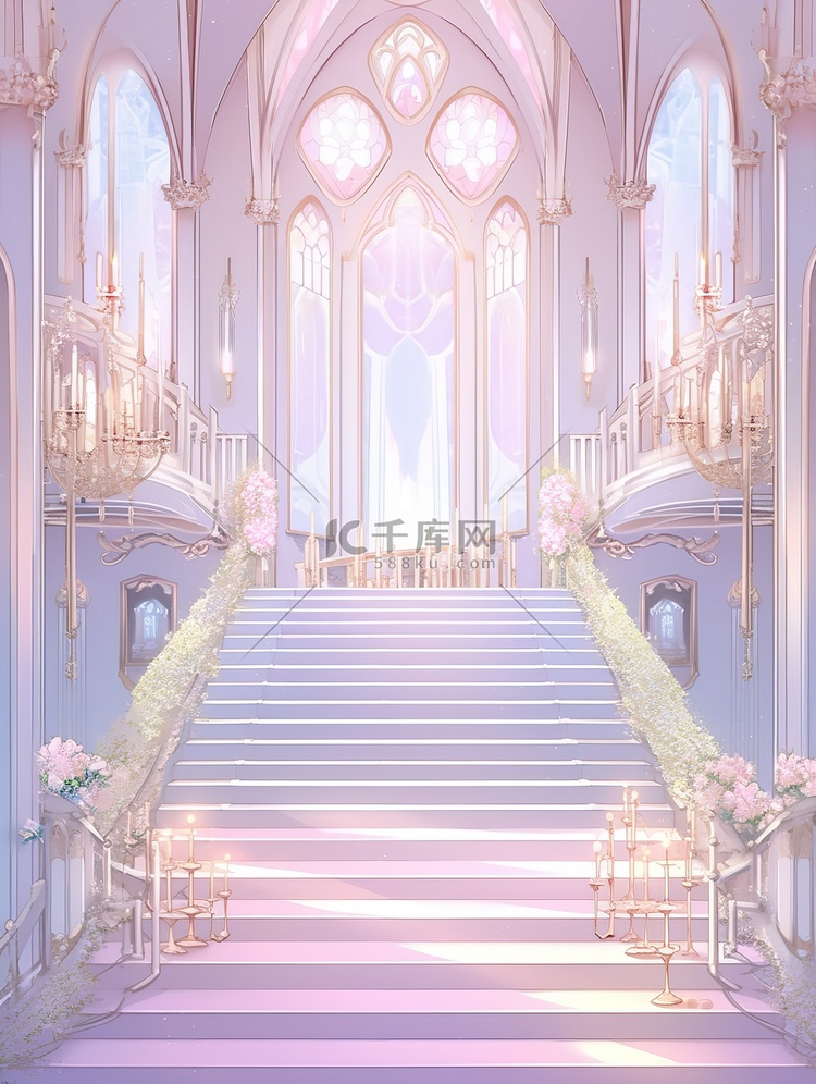 浅紫色浪漫城堡宫殿楼梯插画11