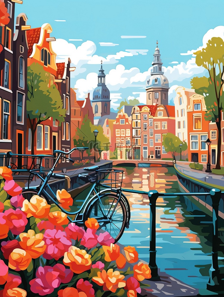 阿姆斯特丹多彩的房子旅游城市插画9
