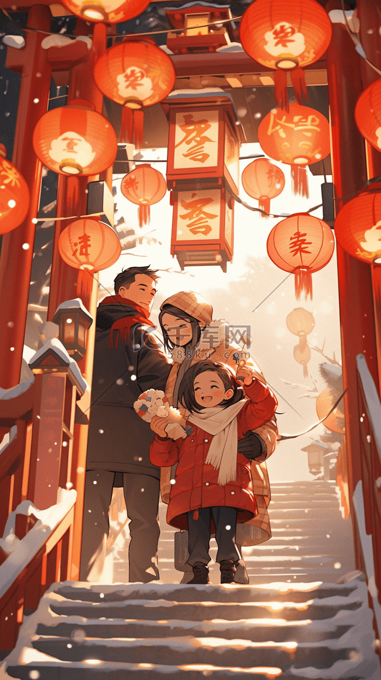 春节一家人逛街的场景手绘