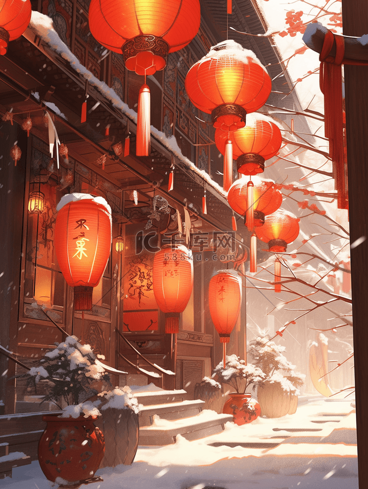 中国风国潮春节元宵雪景插画