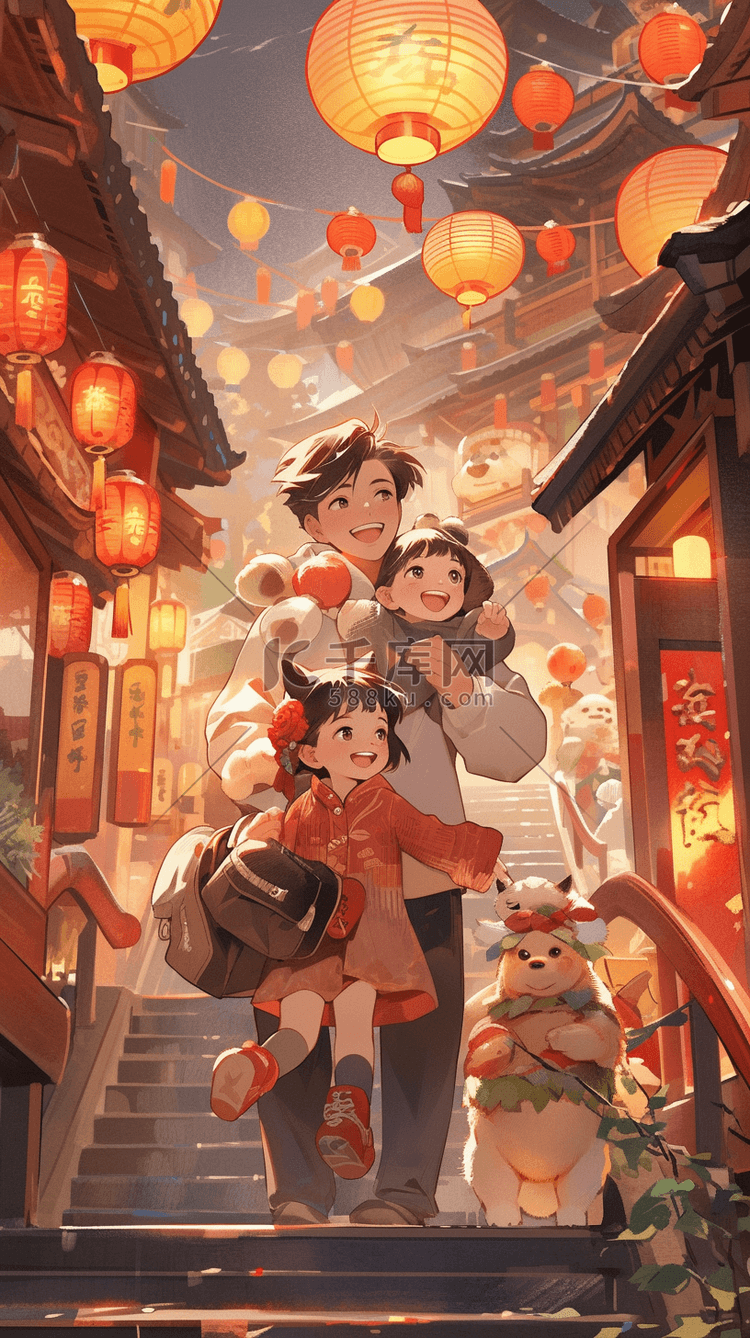 春节一家人逛街的场景手绘插画