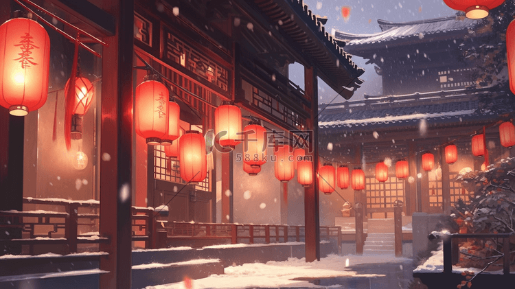 中国风国潮春节元宵雪景插画