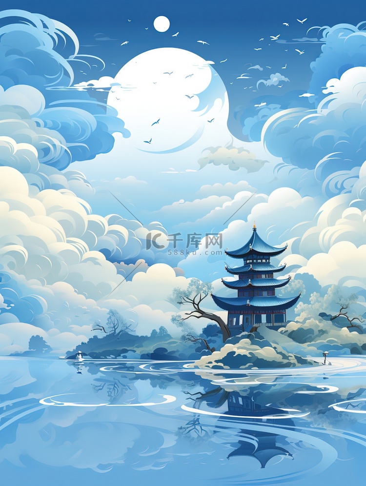 中国风诗意宁静祥云古建筑8插画图片 千库网