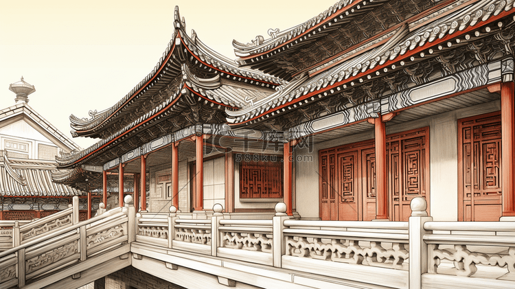 手绘中国古代建筑插画7