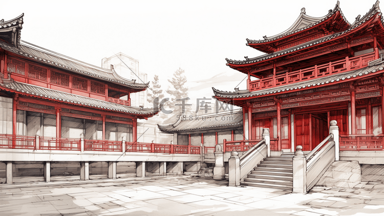 手绘中国古代建筑插画12