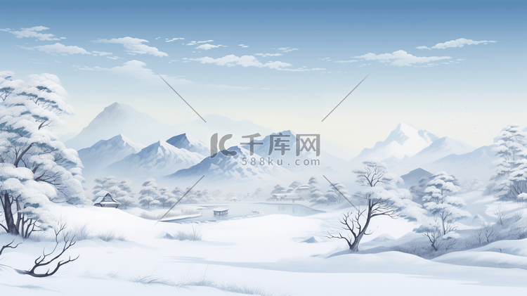 冬季白雪山水水墨插画6