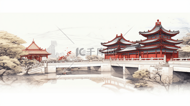 手绘中国古代建筑插画8