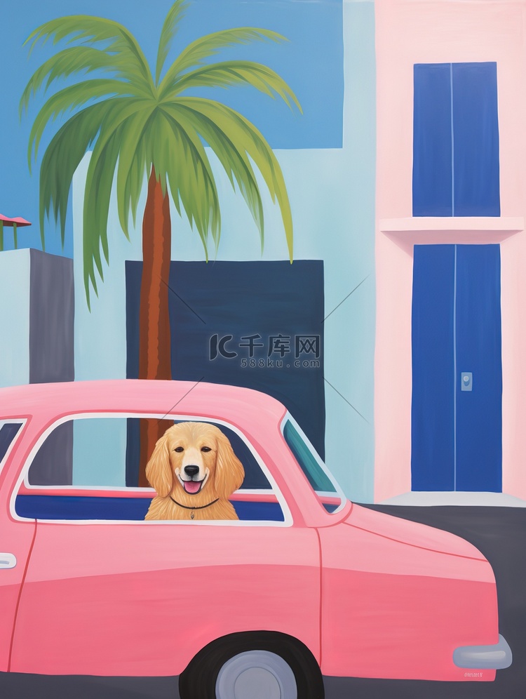 一只狗坐车粉色的车里旅行6