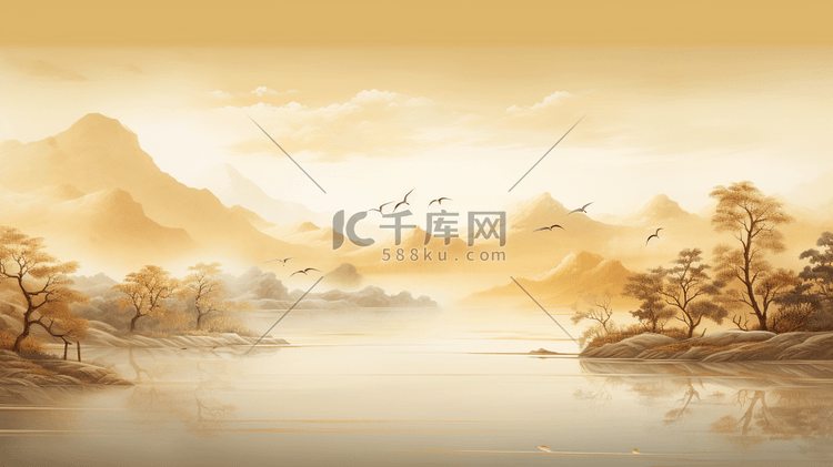 金色秋季中国风山水画插画24