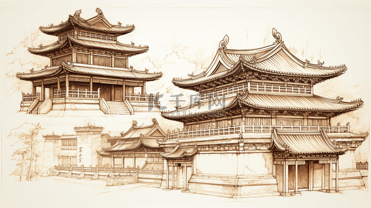 手绘中国古代建筑插画1