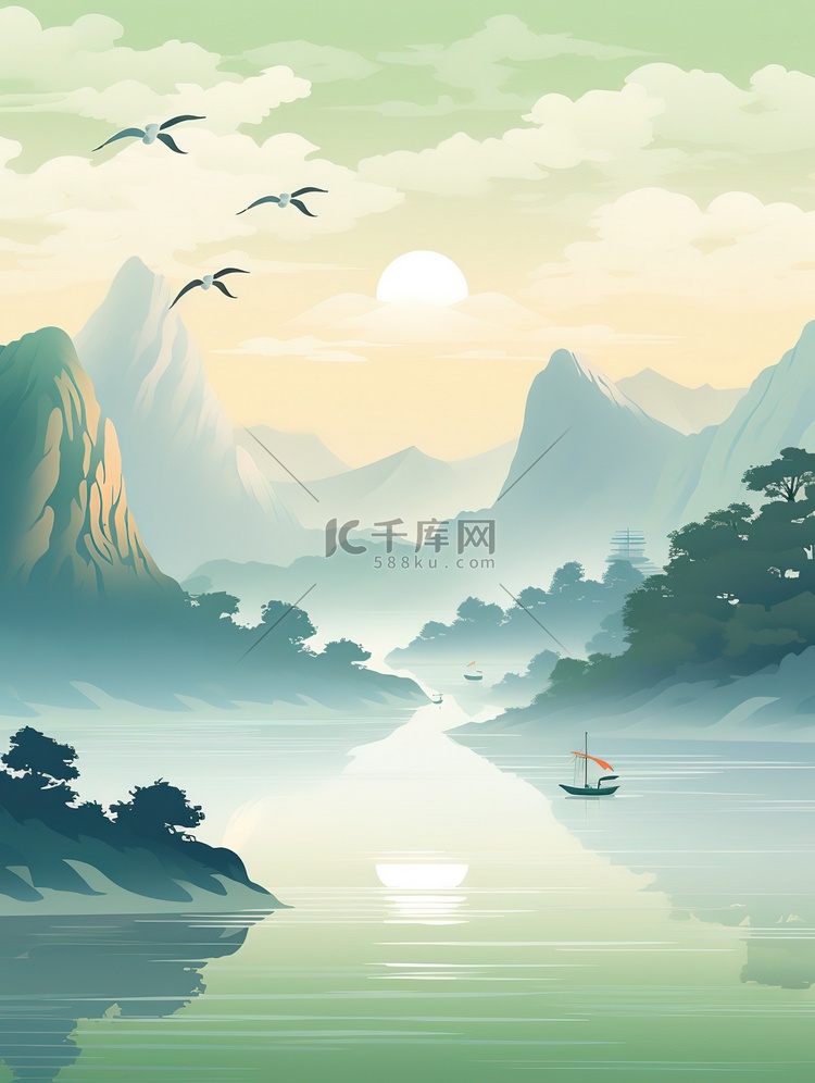 清湖上的小船中国风山水画8