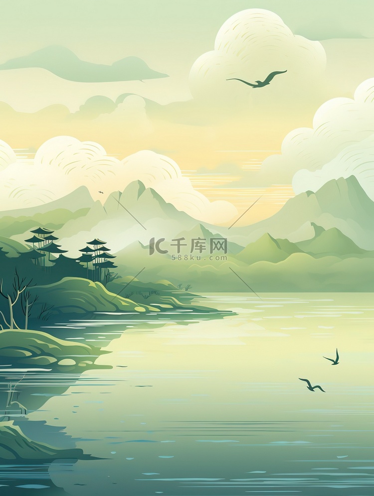 清湖上的小船中国风山水画4