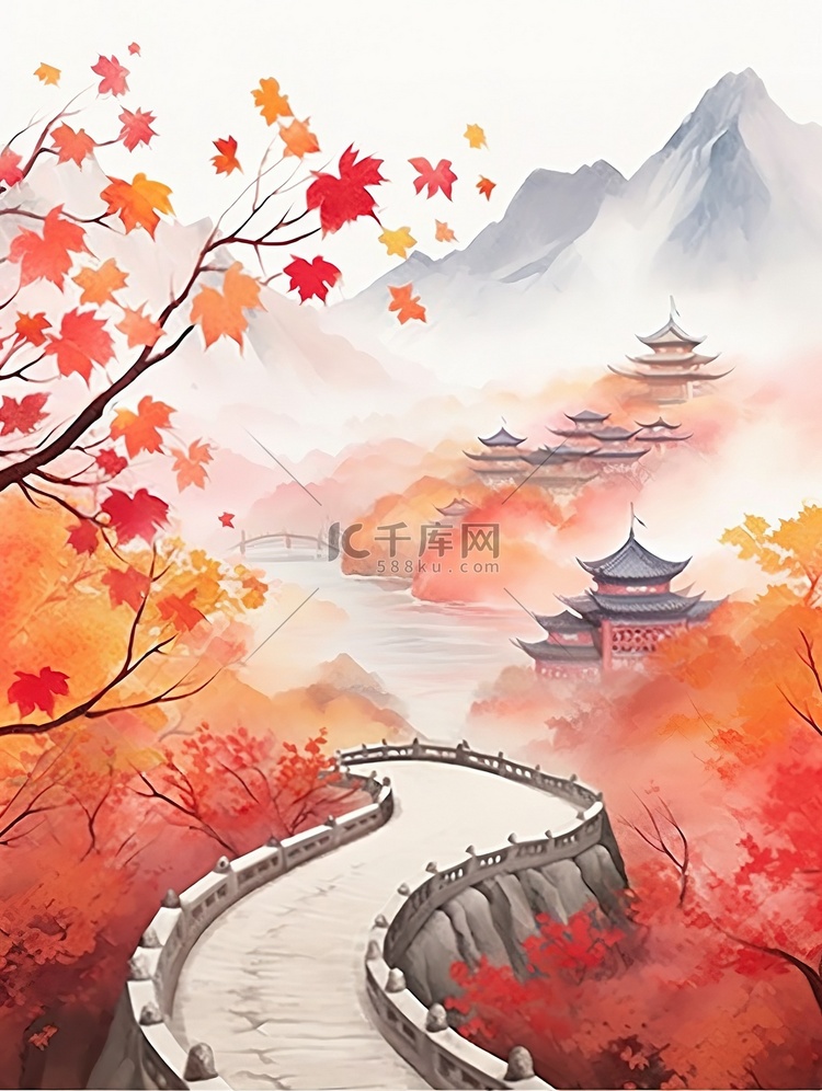 美丽的秋天景色红叶古建筑水彩画11