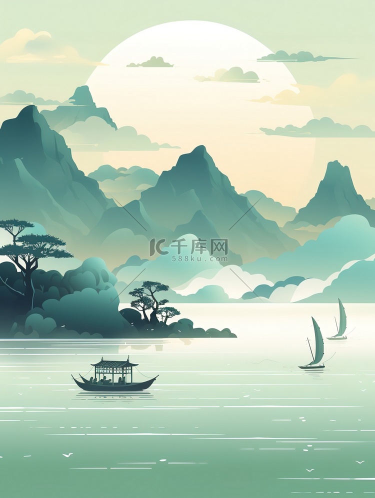清湖上的小船中国风山水画5