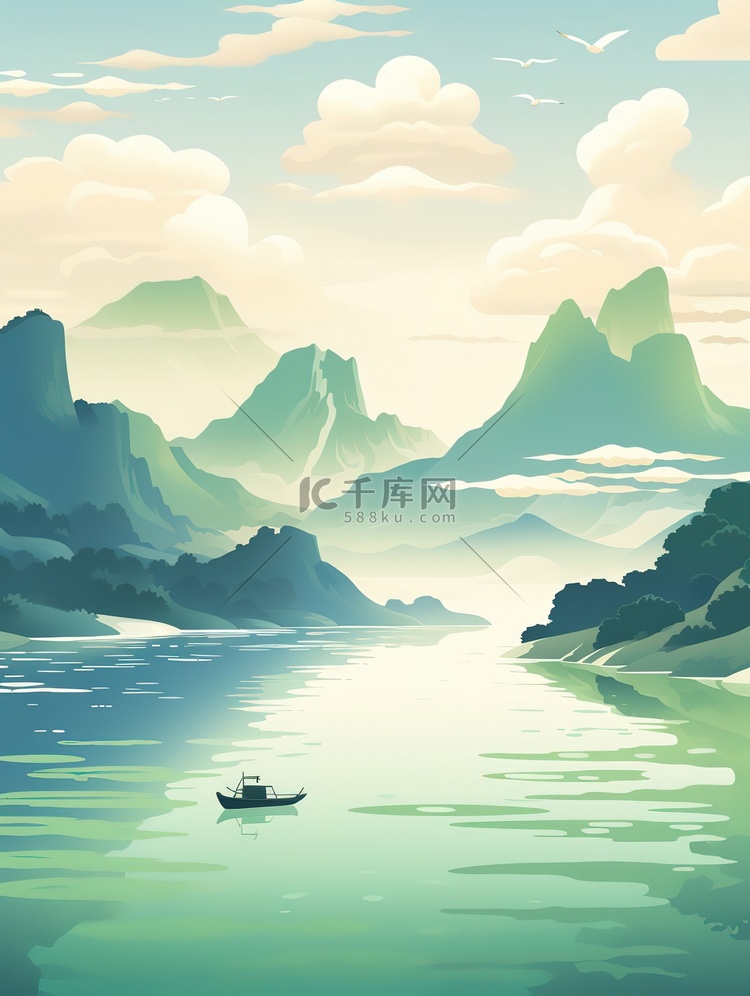 清湖上的小船中国风山水画18