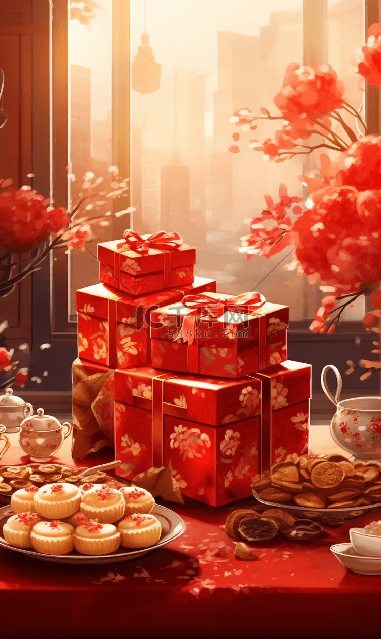 中国风春节新年美食年货插画背景