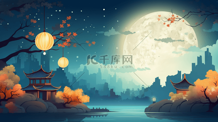 唯美中国风古典中秋赏月插画