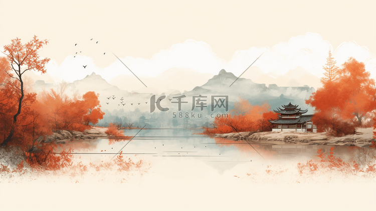秋季中国风山水风景插画21