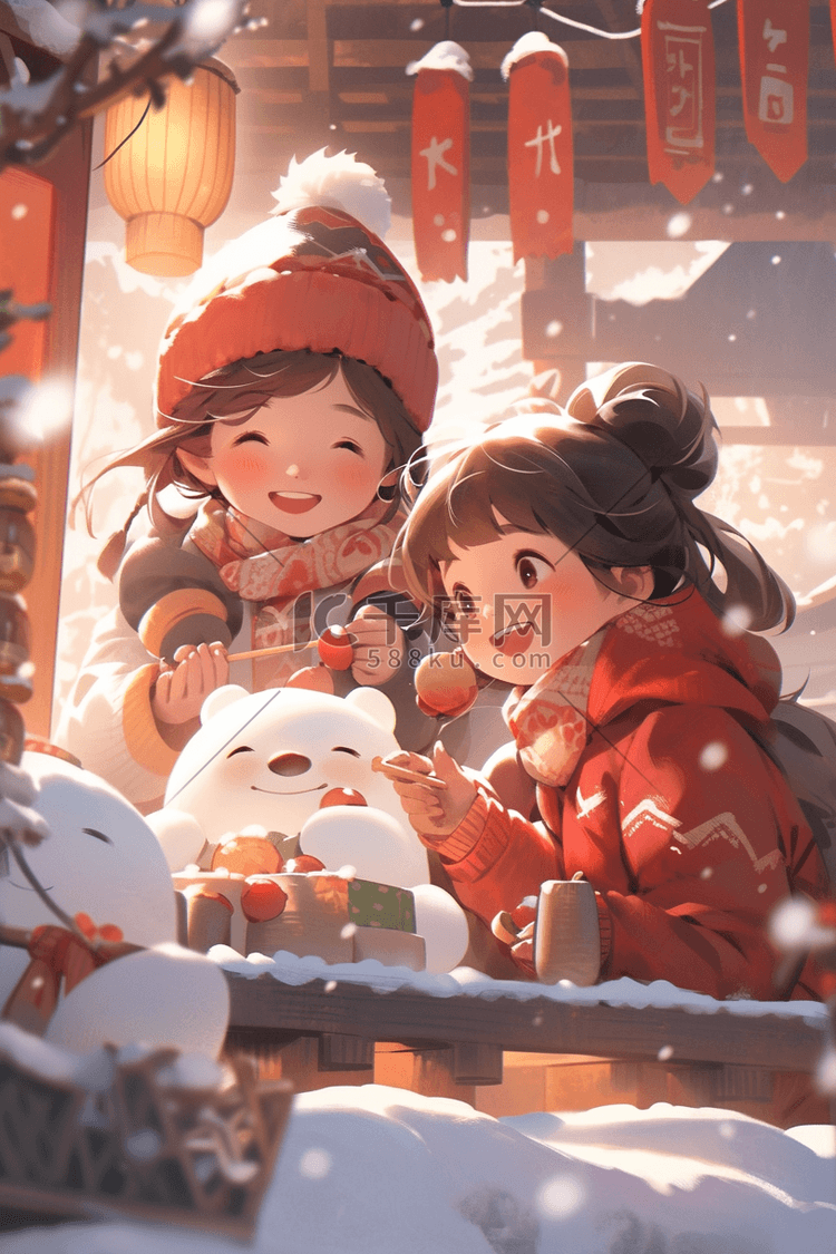 春节新年可爱的小孩堆雪人手绘插画