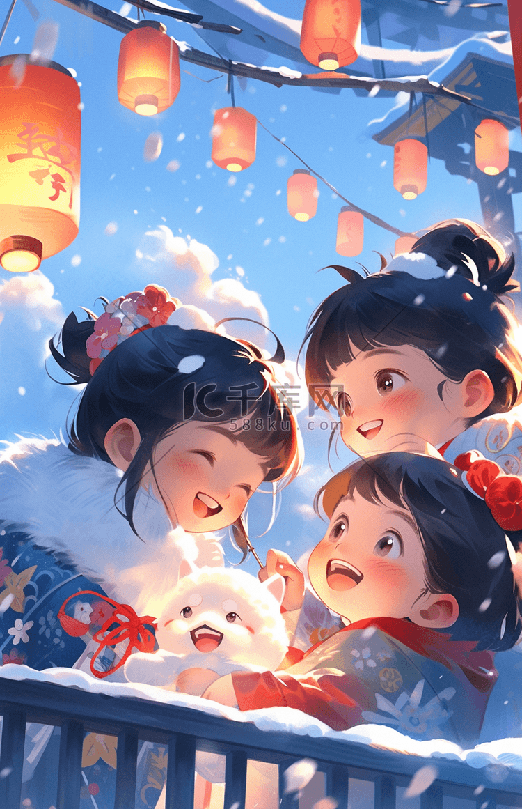 春节新年可爱的小孩堆雪人场景