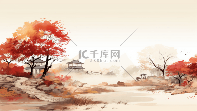 秋季中国风山水风景插画18