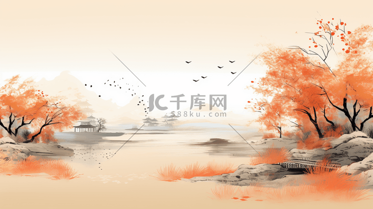 秋季中国风山水风景插画29